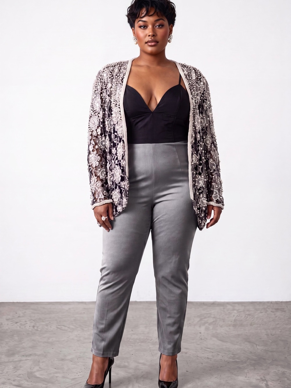Vintage Beaded Sequin Open Blazer in Silver and Black